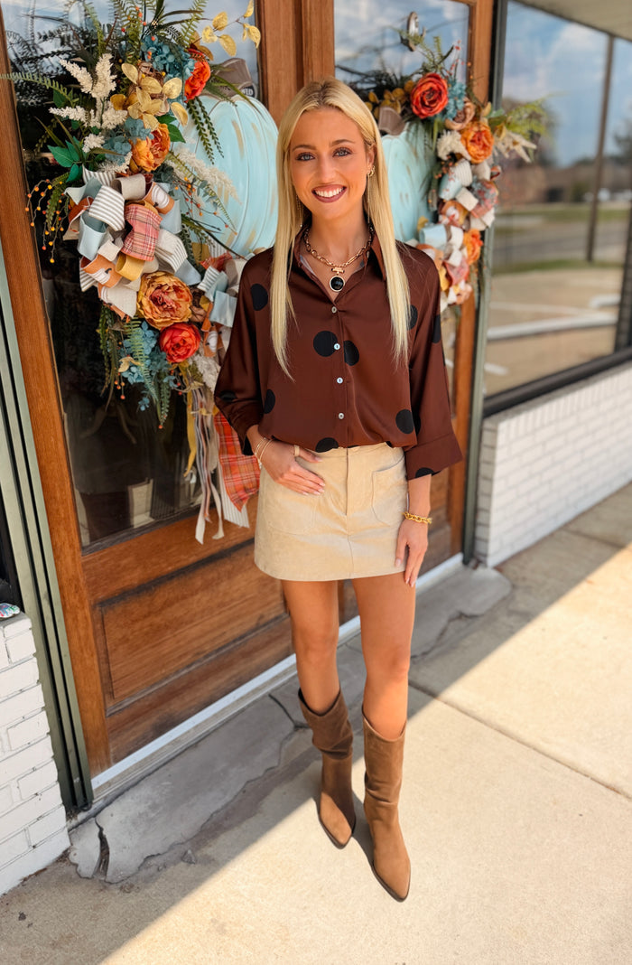 Polka dot collared 3/4 sleeve top