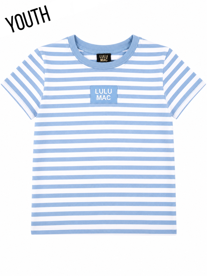 LULU MAC YOUTH STRIPE MONOCHROME PATCH YOUTH BABY DOLL TOP-LIGHT BLUE