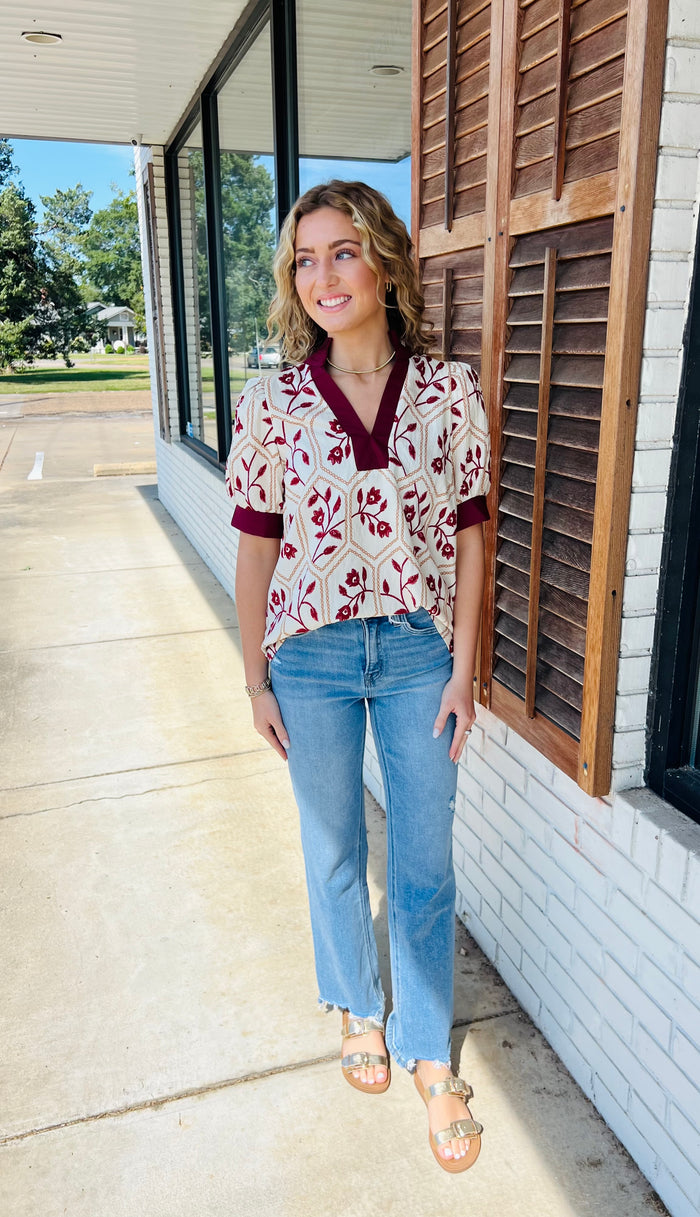 Floral print short puff sleeve