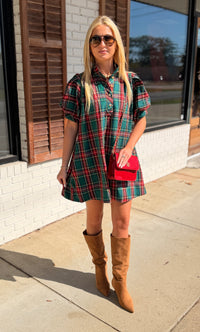 Plaid print short puff sleeve mini dress