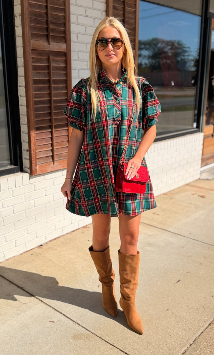 Plaid print short puff sleeve mini dress