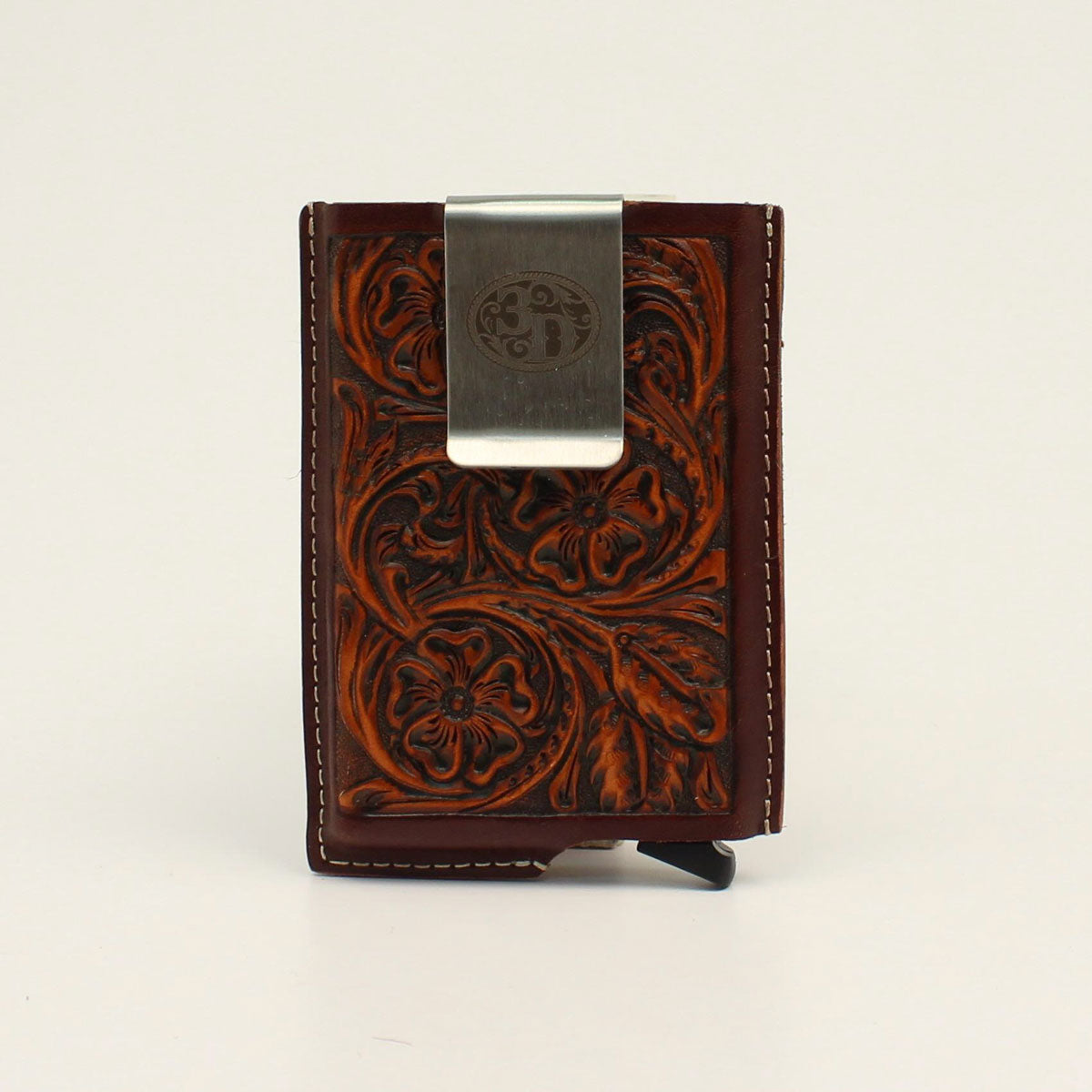 3D MENS SMART WALLET TOOLED BROWN