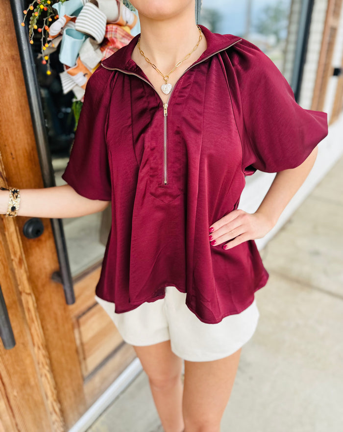 Mock Neck Band Puff Sleeve Blouse