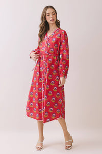-Printed Long Sleeve Button Down Midi Dress
