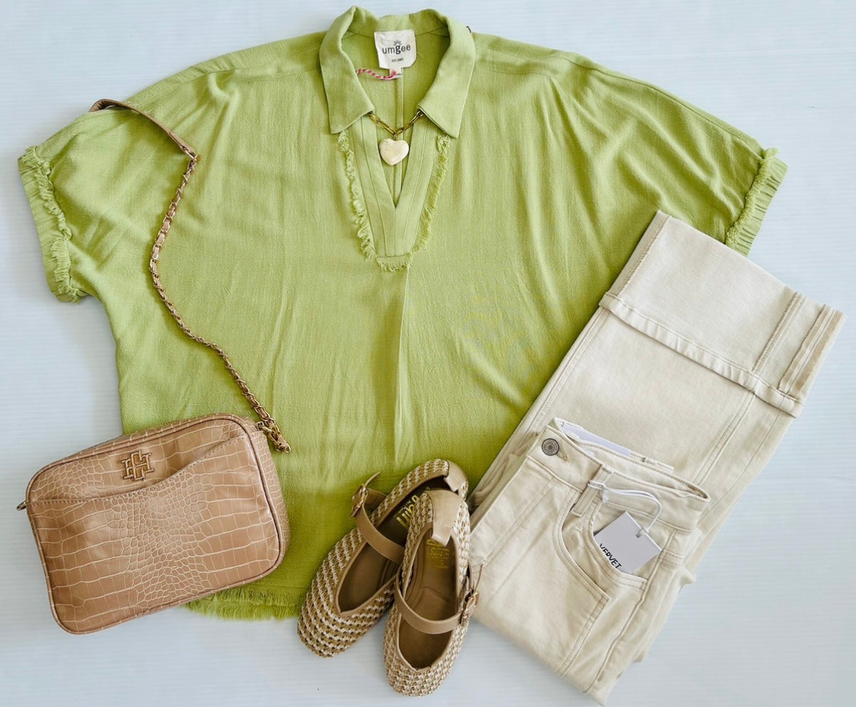 Linen Frayed Edge Split Neck Short Sleeve Top