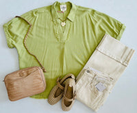 Linen Frayed Edge Split Neck Short Sleeve Top