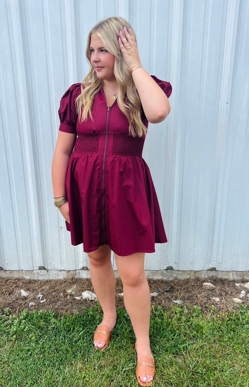 Solid short puff sleeve V-neck mini dress featuring smocked waist front-zip closure.