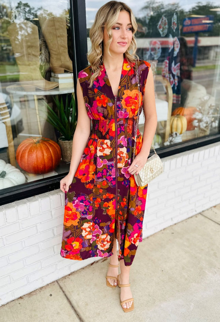Front Zip Closure Print Midi Dress