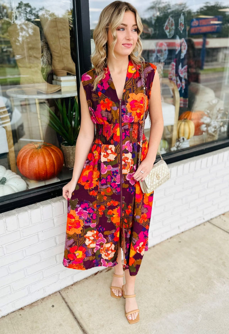 Front Zip Closure Print Midi Dress