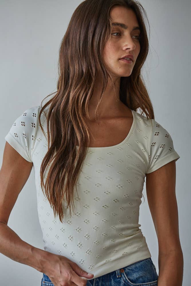 Seamless Eyelet Round Neck Short Sleeve Top