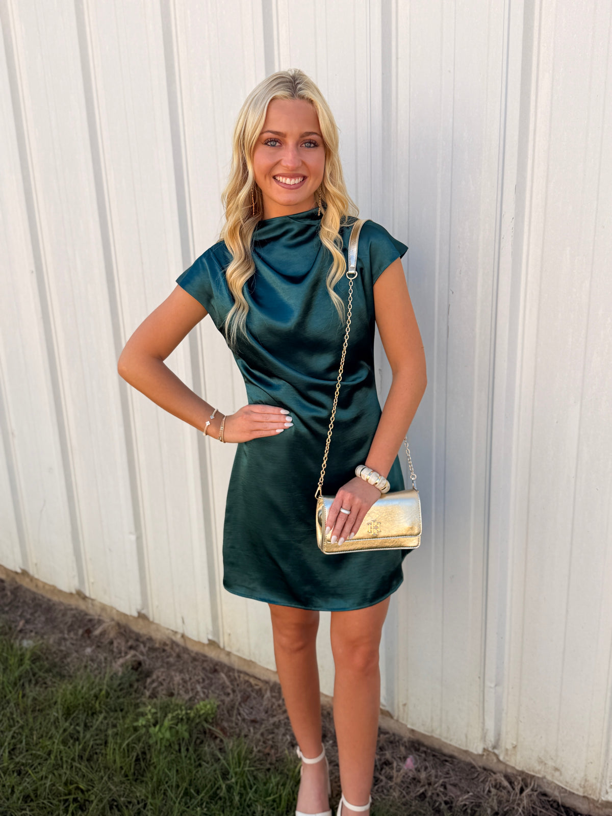 High-cowl Neck Grown-up Cap Slv Flowy Mini Dress