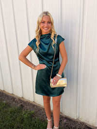 High-cowl Neck Grown-up Cap Slv Flowy Mini Dress