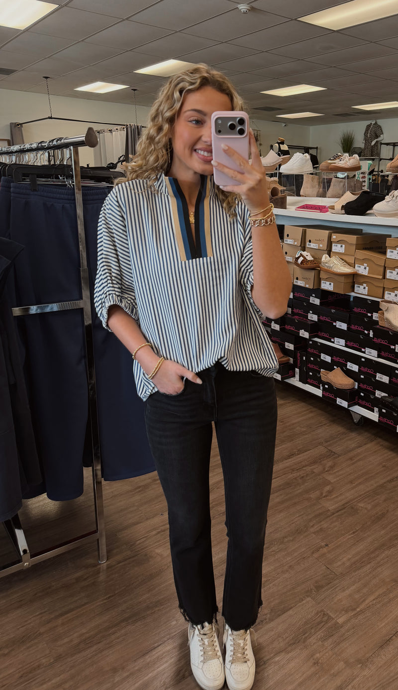 Stripe pattern high neck elasticated sleeve band dolman top