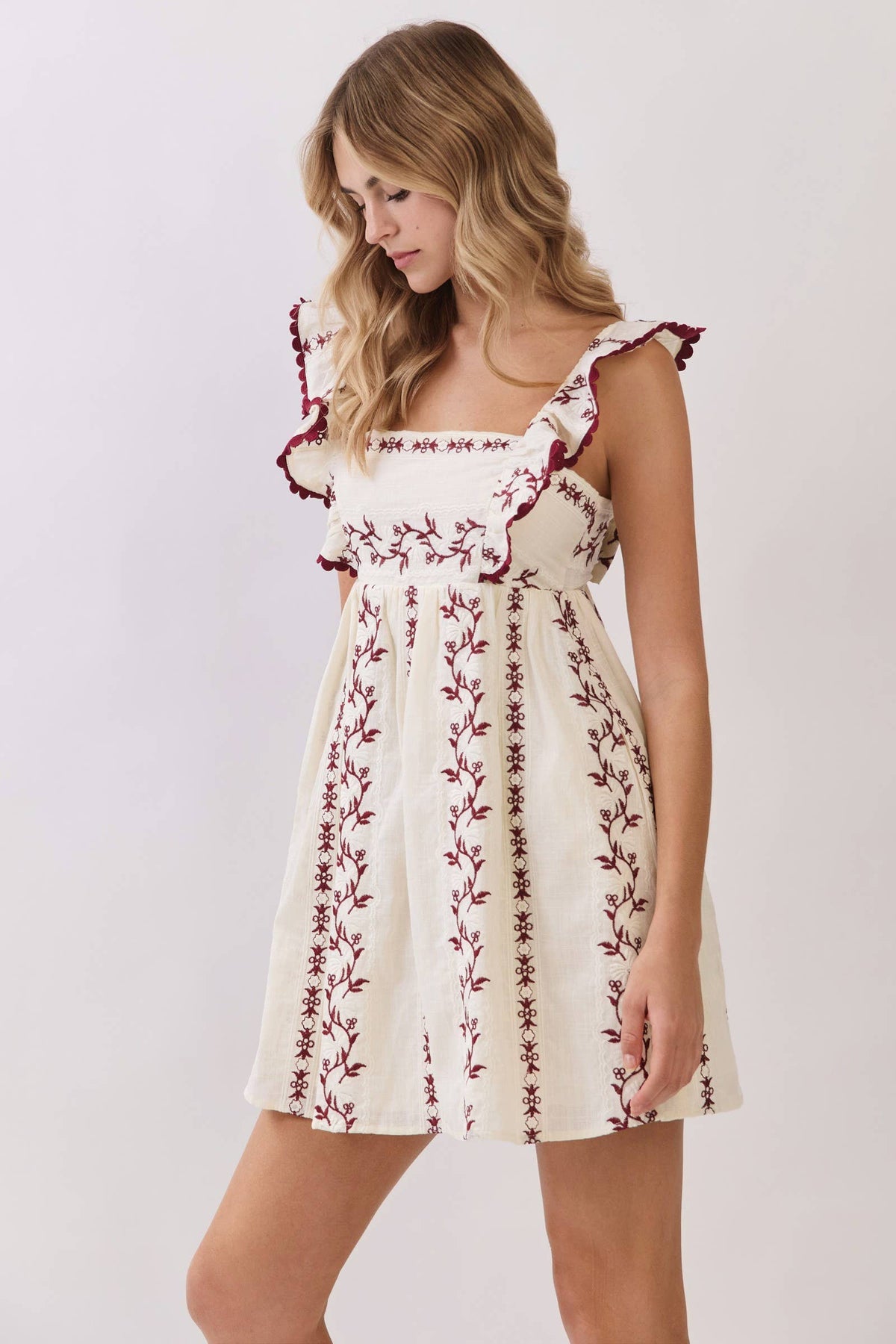 -Embroidered Flutter Sleeve Babydoll Mini Dress