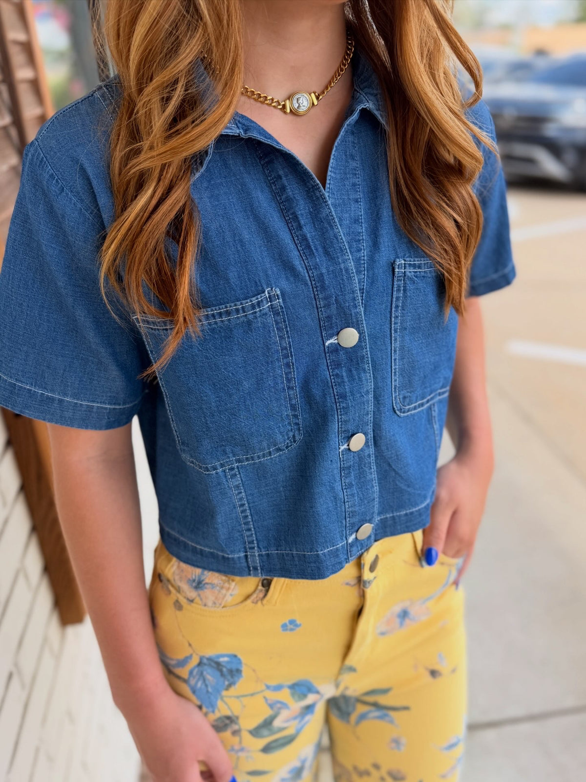 Collared Button Down Short Sleeve Boxy Denim Top