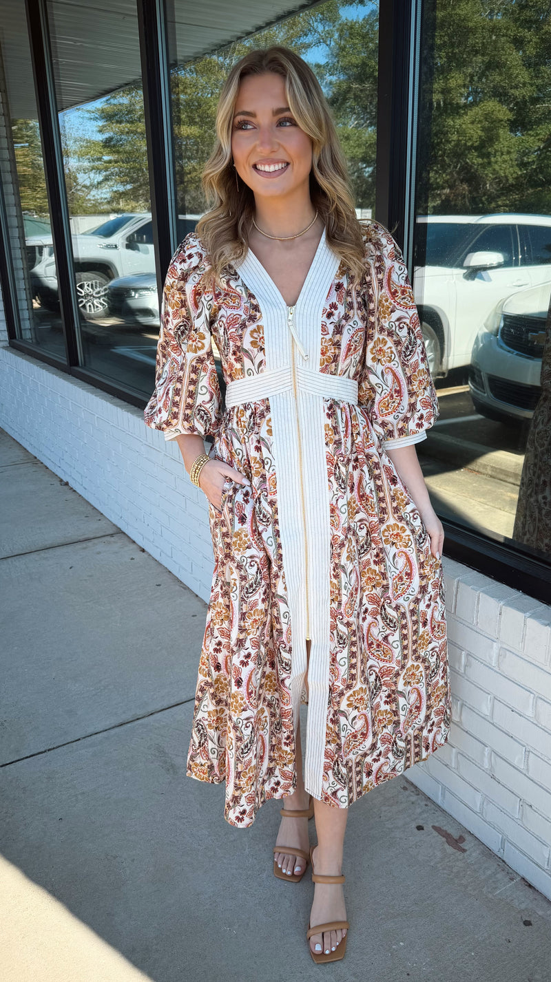 Paisley Midi Dress w/ Front Zipper