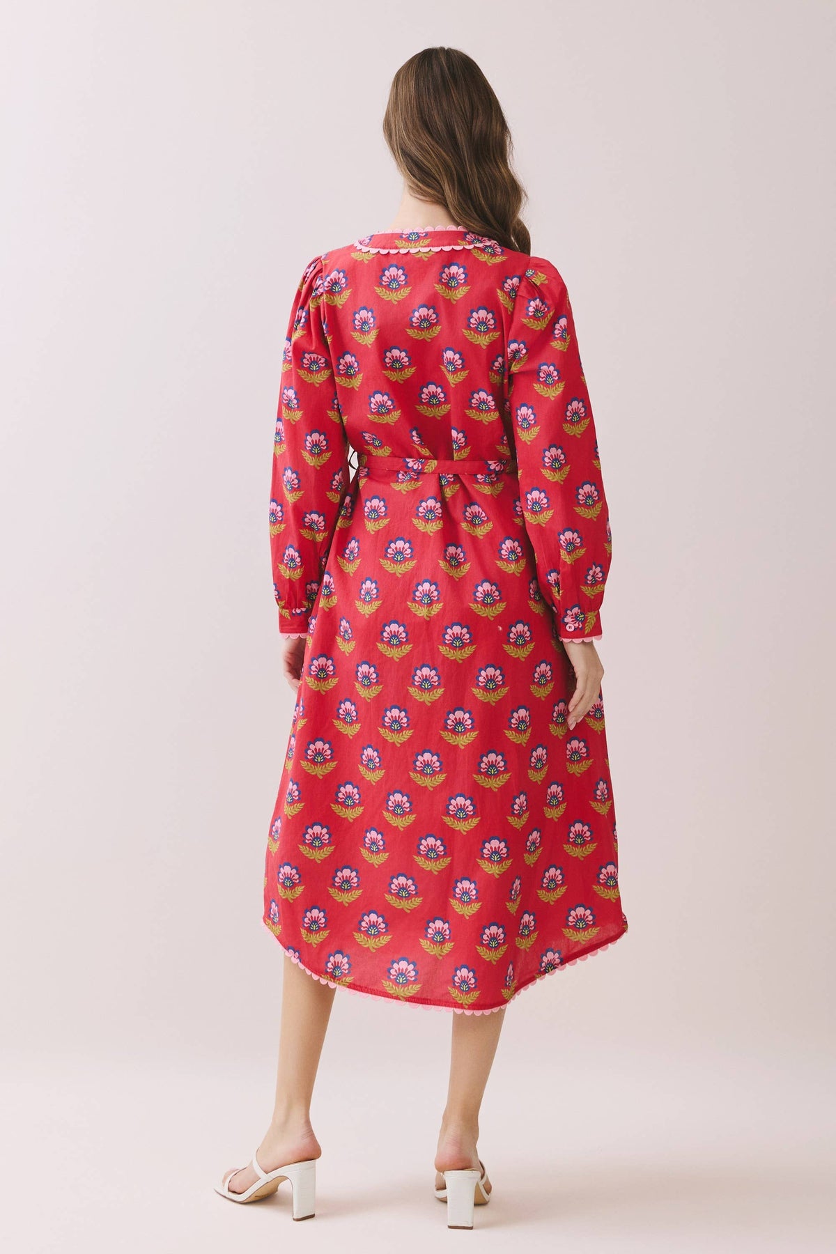-Printed Long Sleeve Button Down Midi Dress