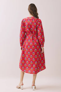 -Printed Long Sleeve Button Down Midi Dress