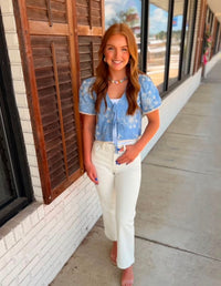 Embroidered Pattern Front Tie Wavy Trim Top