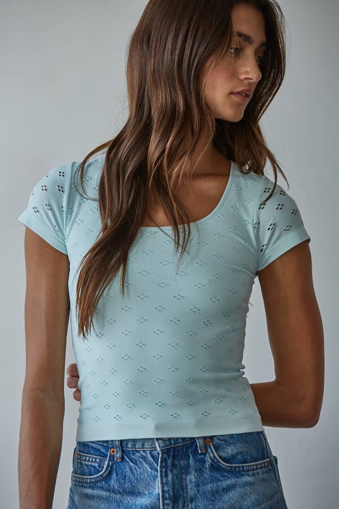 Seamless Eyelet Round Neck Short Sleeve Top