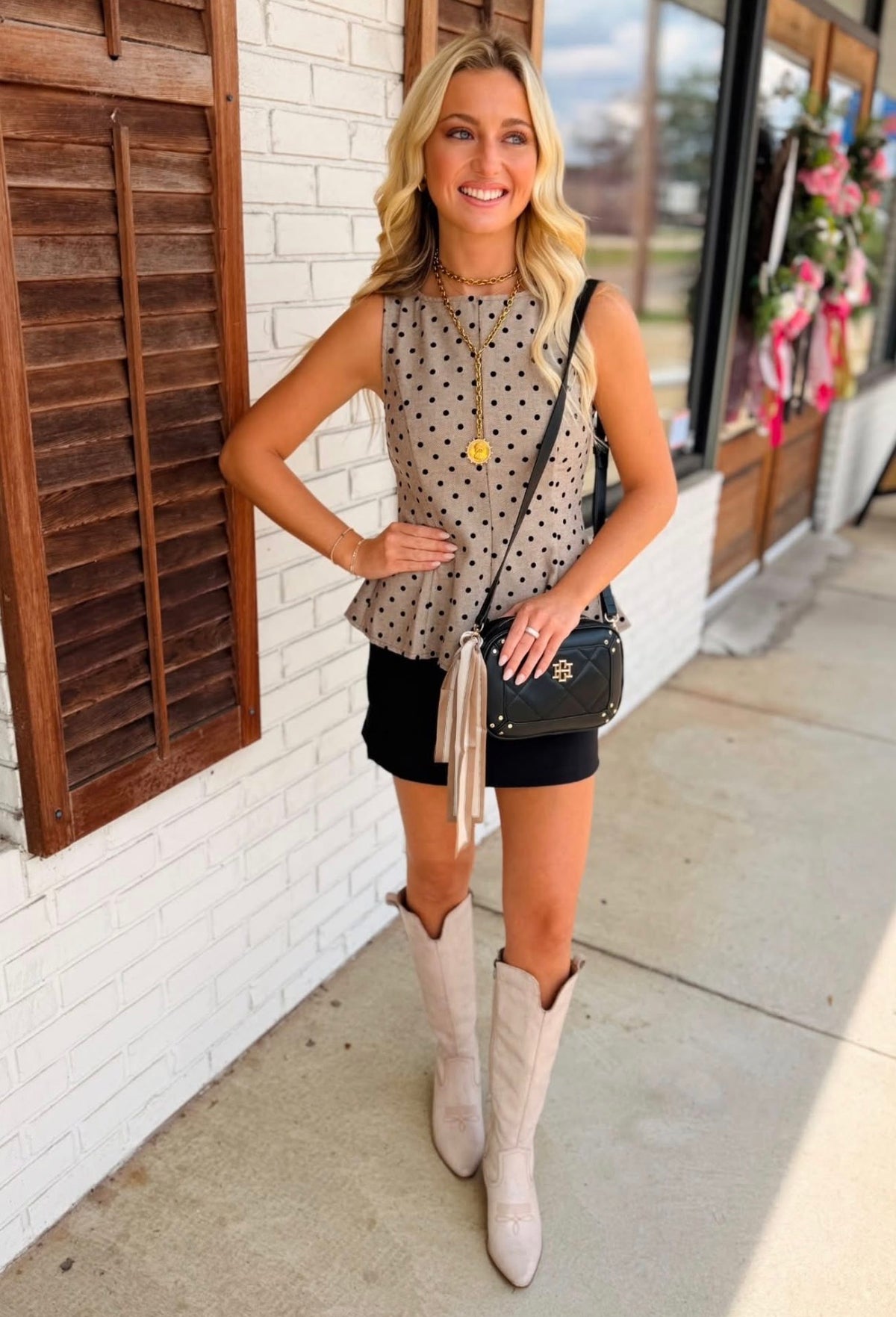 Sleeveless Polka Dot Boat Neck Fitted Peplum Top
