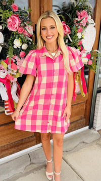 Checkered Mini Dress With Collar Neck Covered Button Down