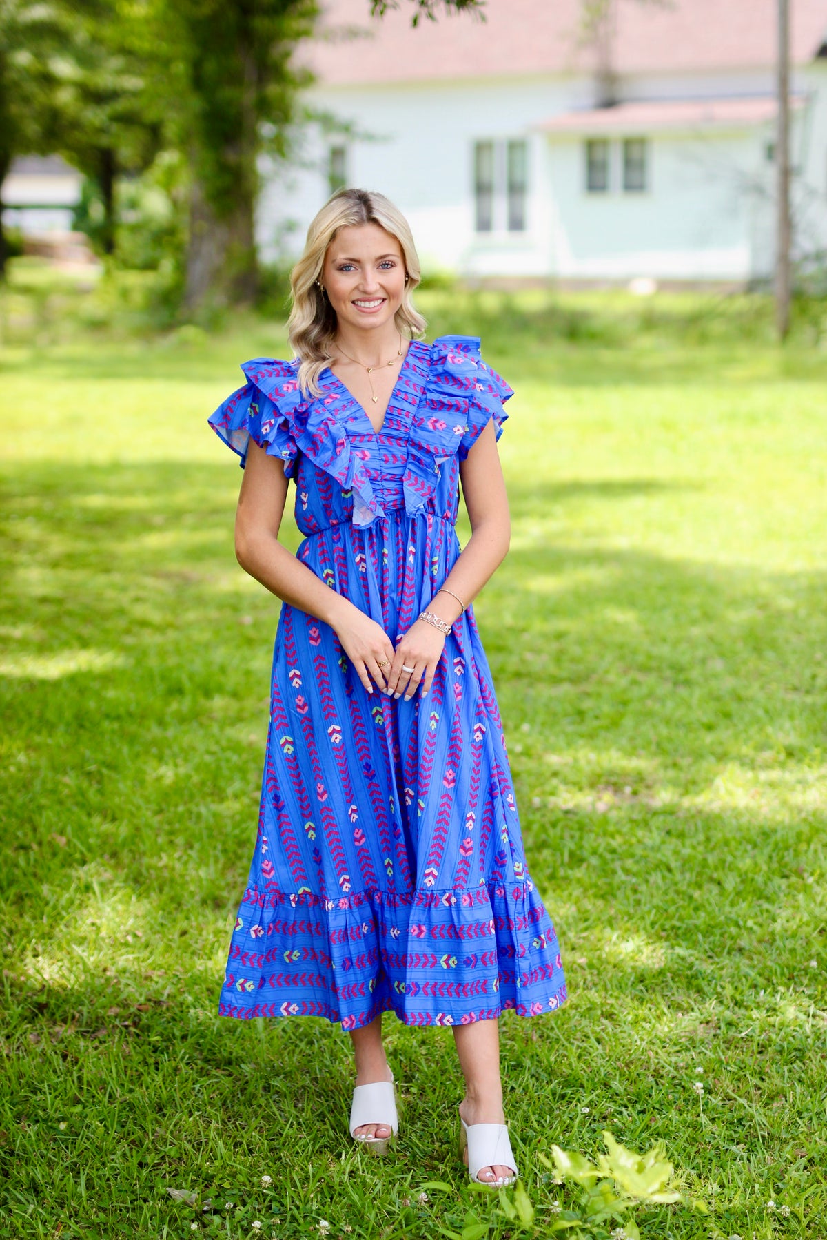 Ruffle Sleeved V-Neck Maxi Dress