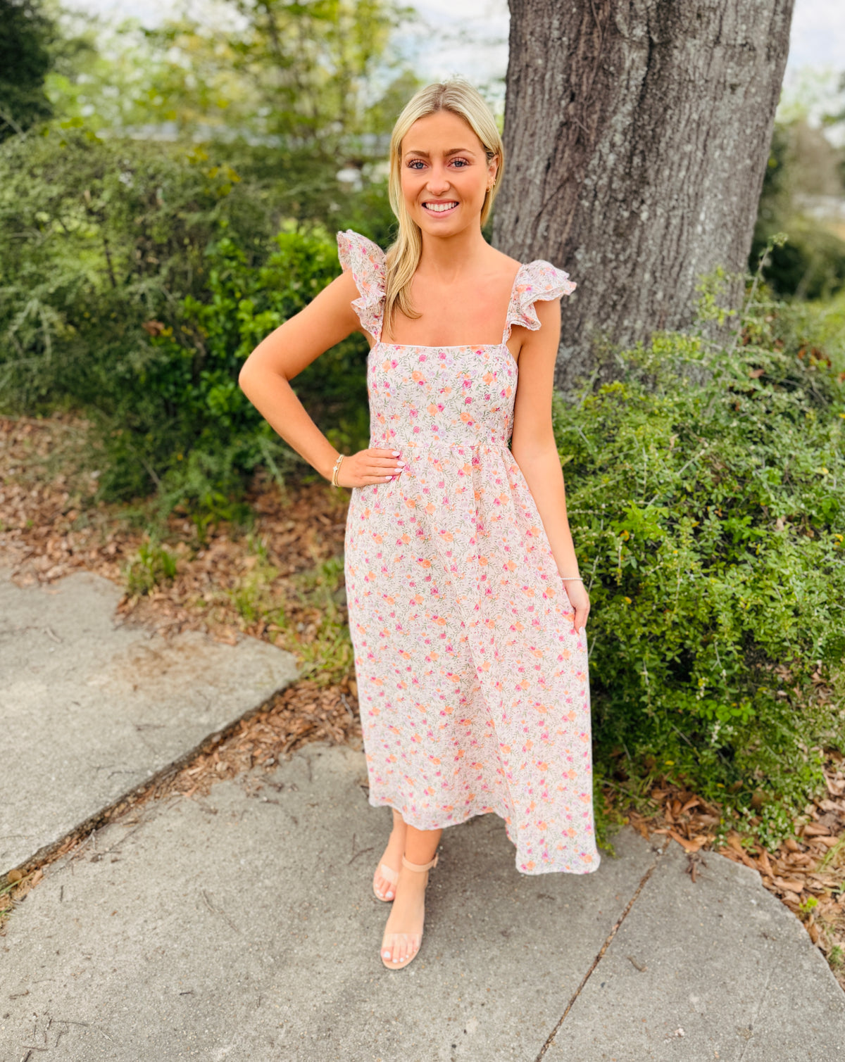 Floral Ruffle Strap Midi Dress