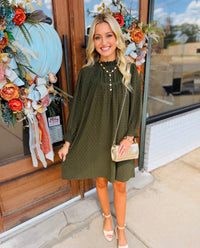 Textured Swiss Dot Ruffle Neck Dress