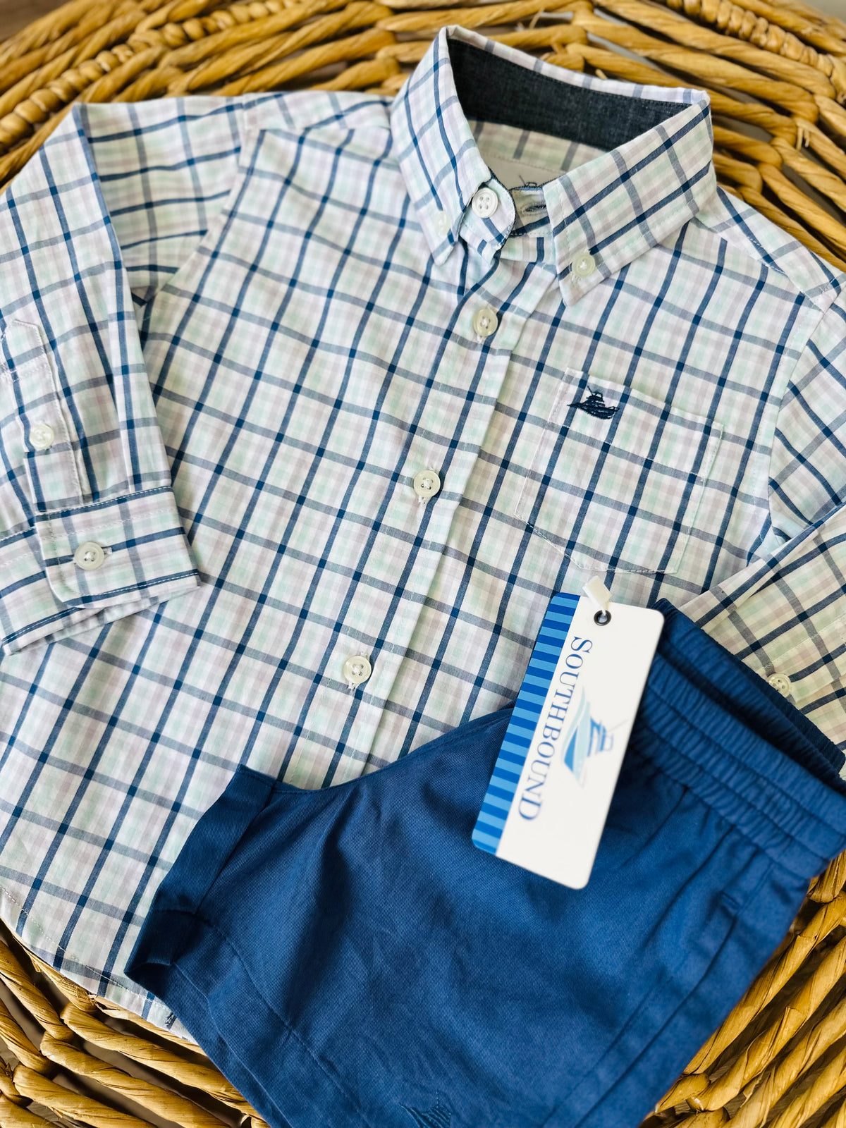 Southbound Long Sleeve Destin Dress Shirt NAVY/MINT/LAVENDER
