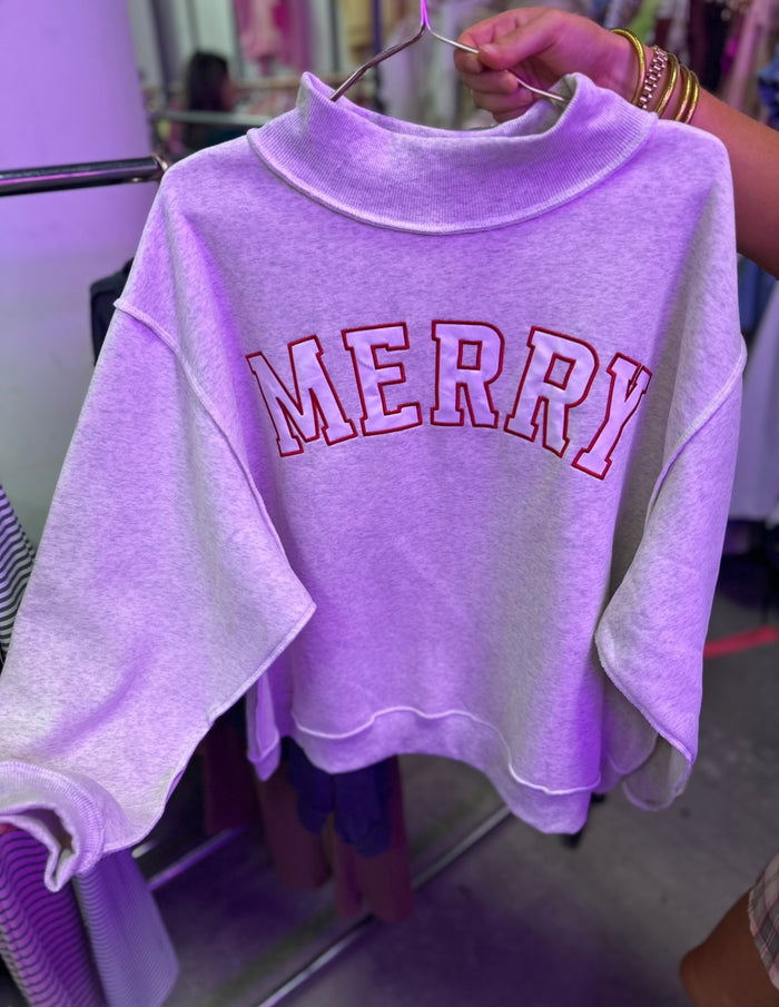 Merry Embroidered Mock Neck Sweatshirt