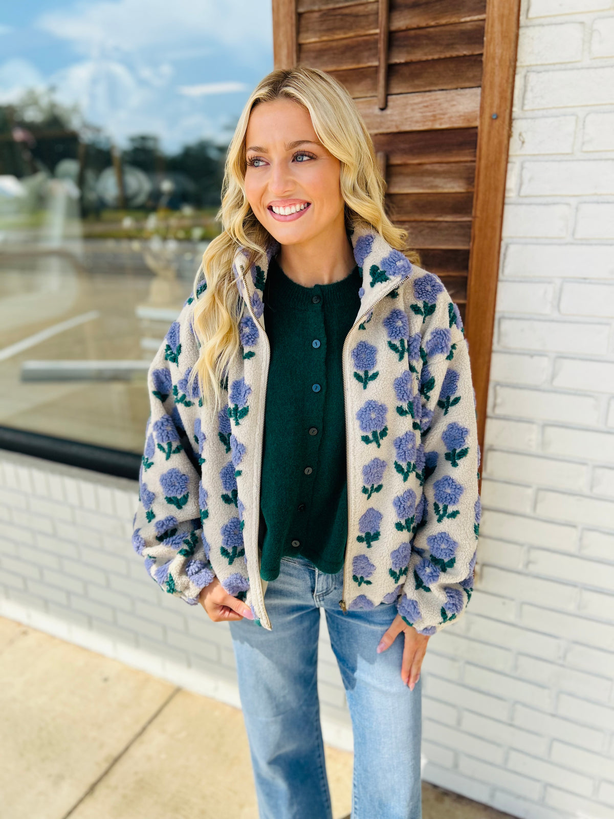 Flower Pattern Zipper Front Sherpa Jacket