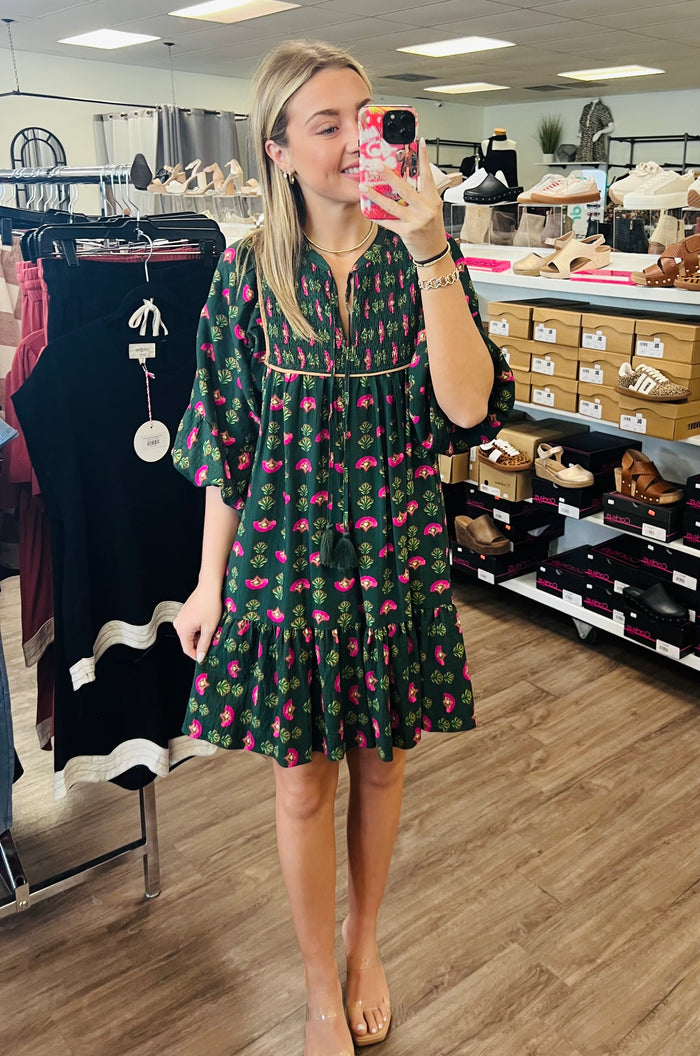 Floral Boho Mini Dress with Pink Accents