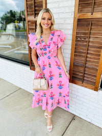 Floral Block Print Ruffle Trim Midi Dress
