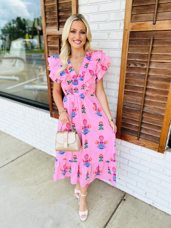 Floral Block Print Ruffle Trim Midi Dress