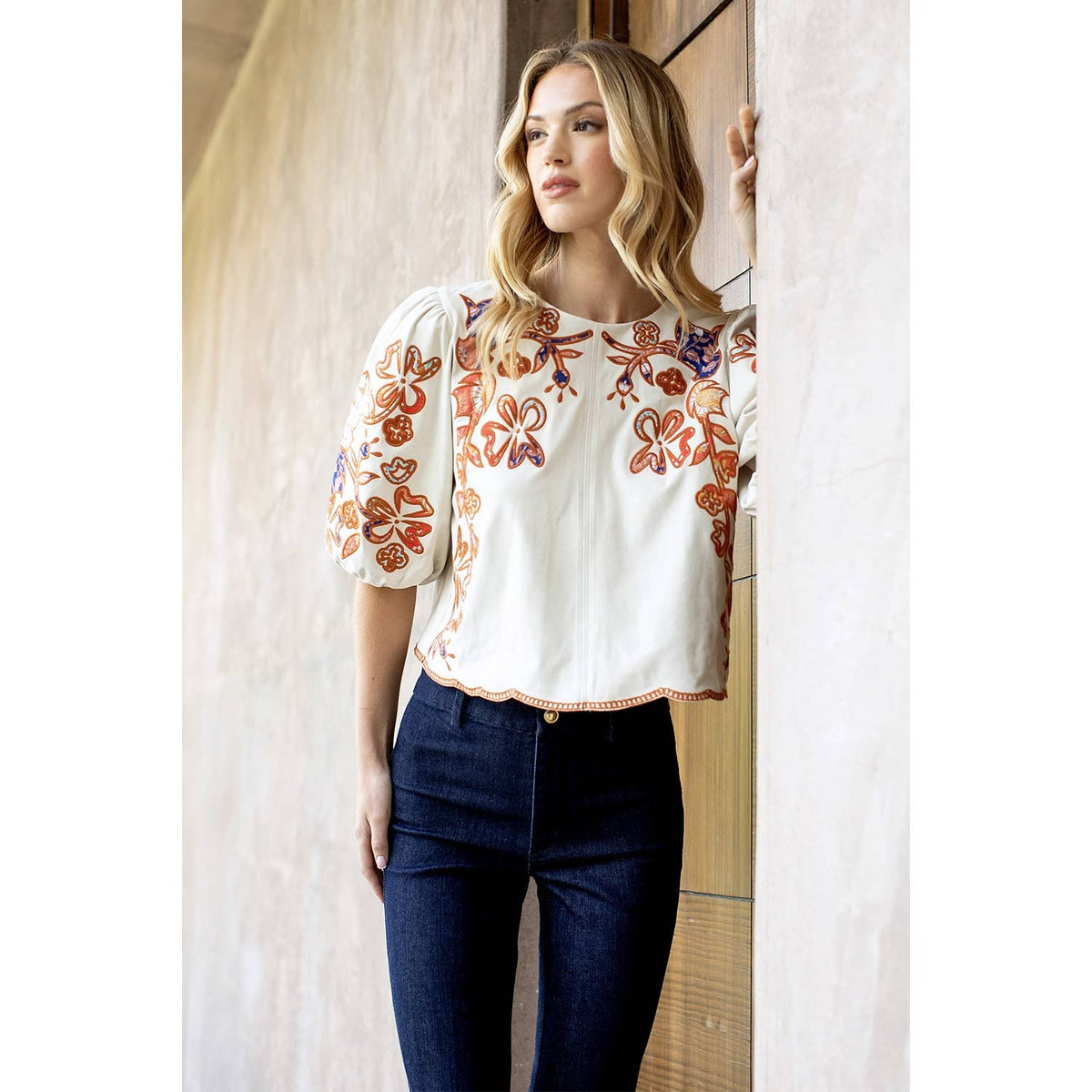 Floral Embroidered Puff Sleeve Top