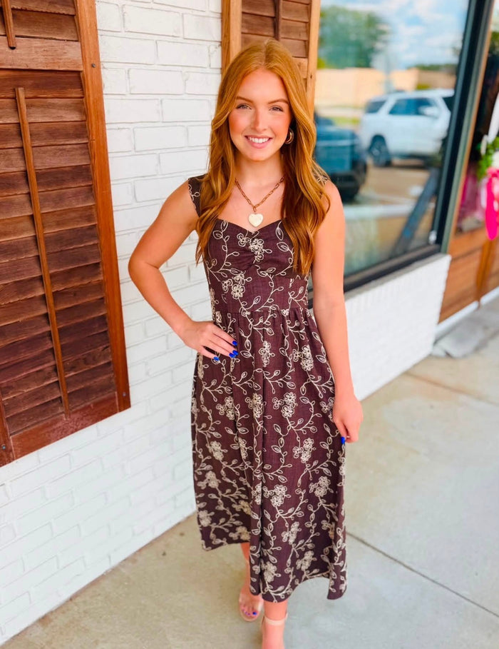 Embroidered Floral Sweetheart Midi Dress