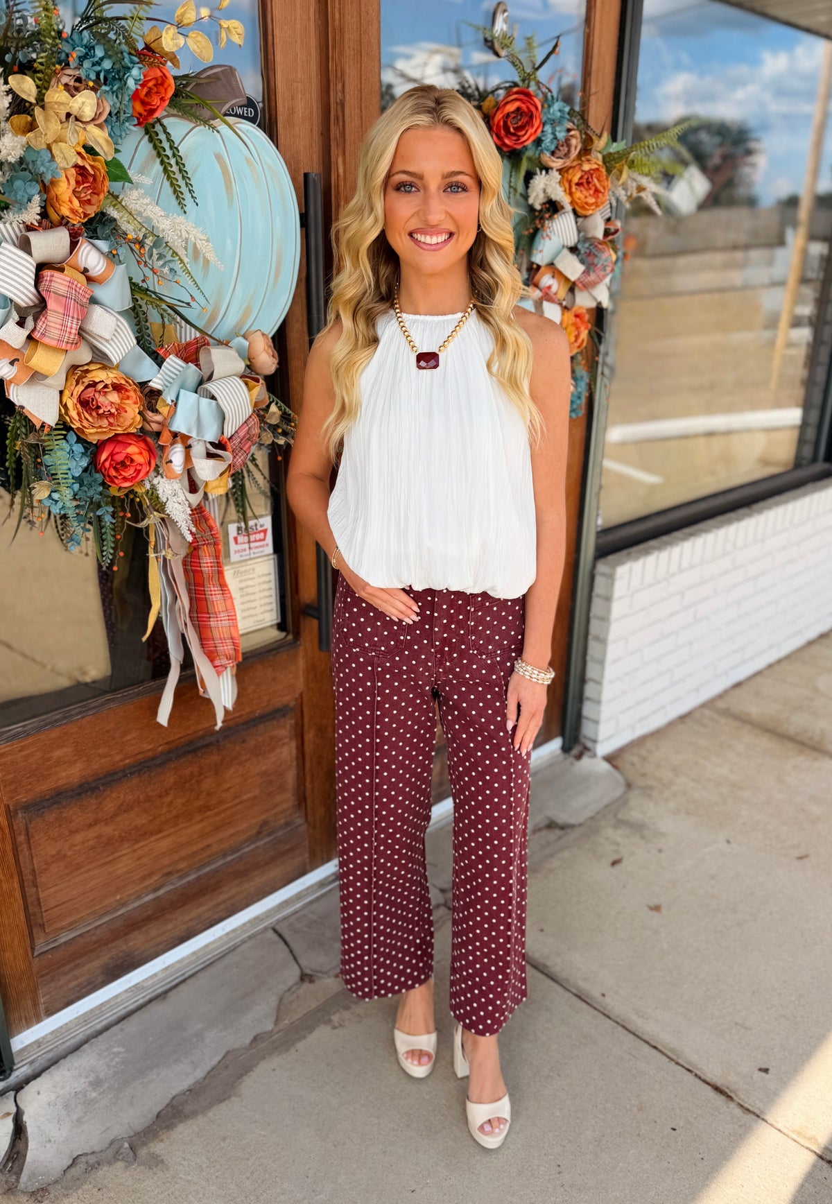 Polka dot pants featuring front and back pockets