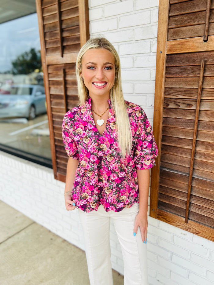 Floral short puff sleeve top