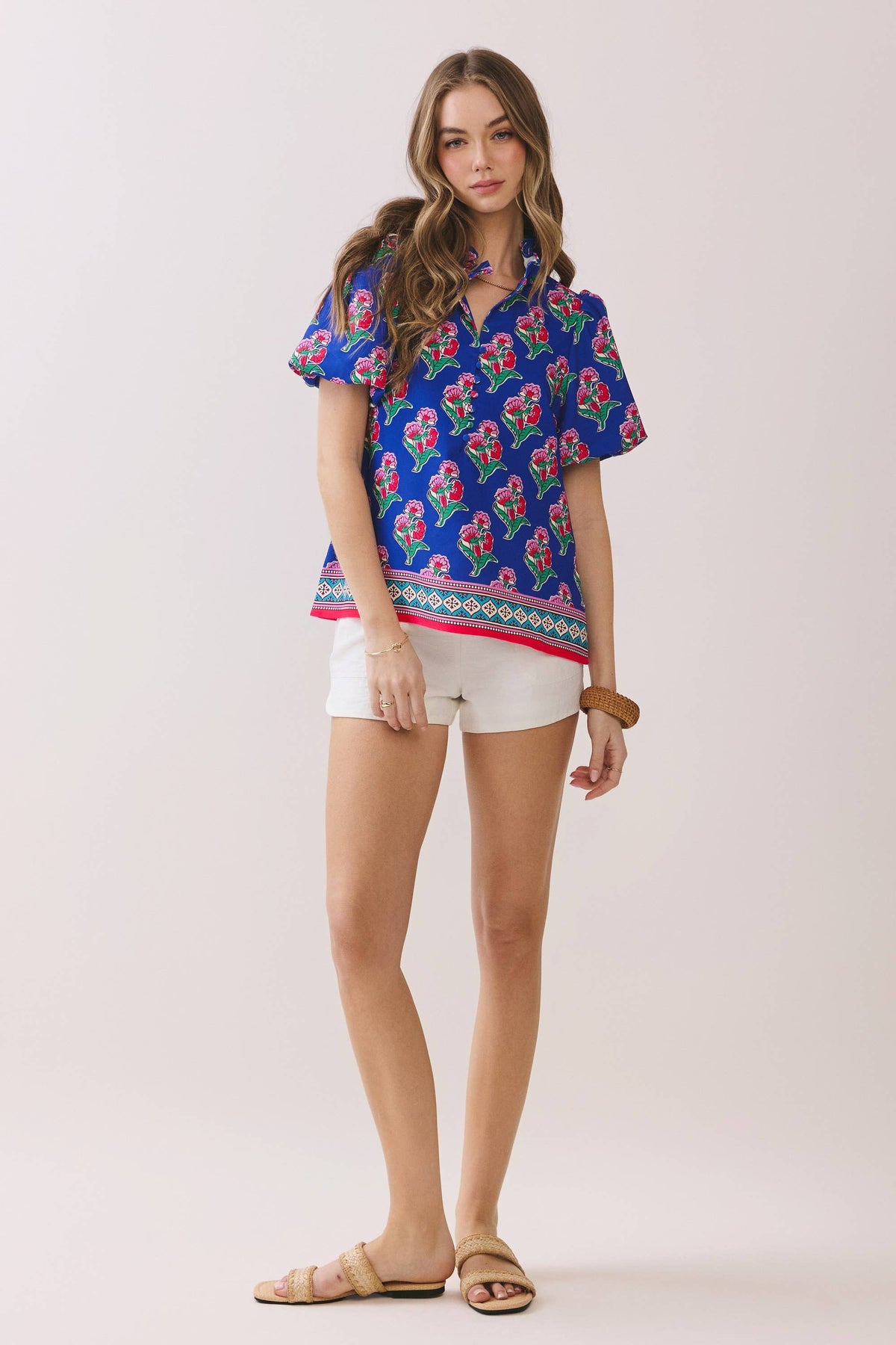 -Floral Print Contrast Border Hem Split Neck Blouse