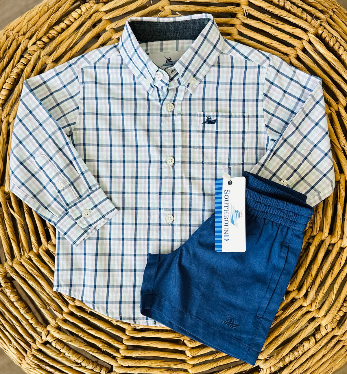 Southbound Long Sleeve Destin Dress Shirt NAVY/MINT/LAVENDER