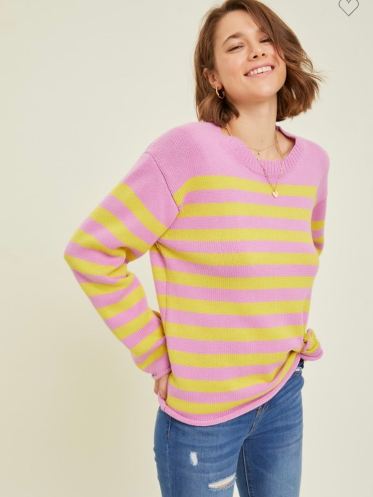 SOFT ROUND NECK SWEATER TOP WITH STRIPES