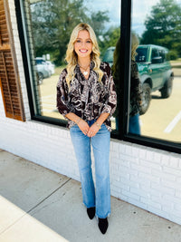 Paisley Print Smocked Neck Flowy Boho Top