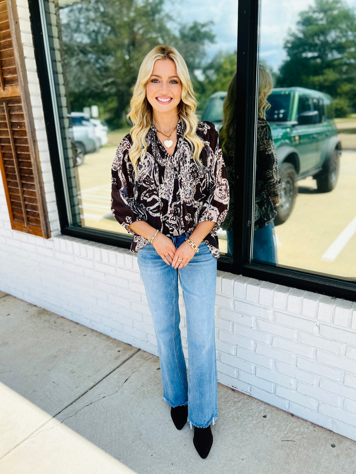 Paisley Print Smocked Neck Flowy Boho Top