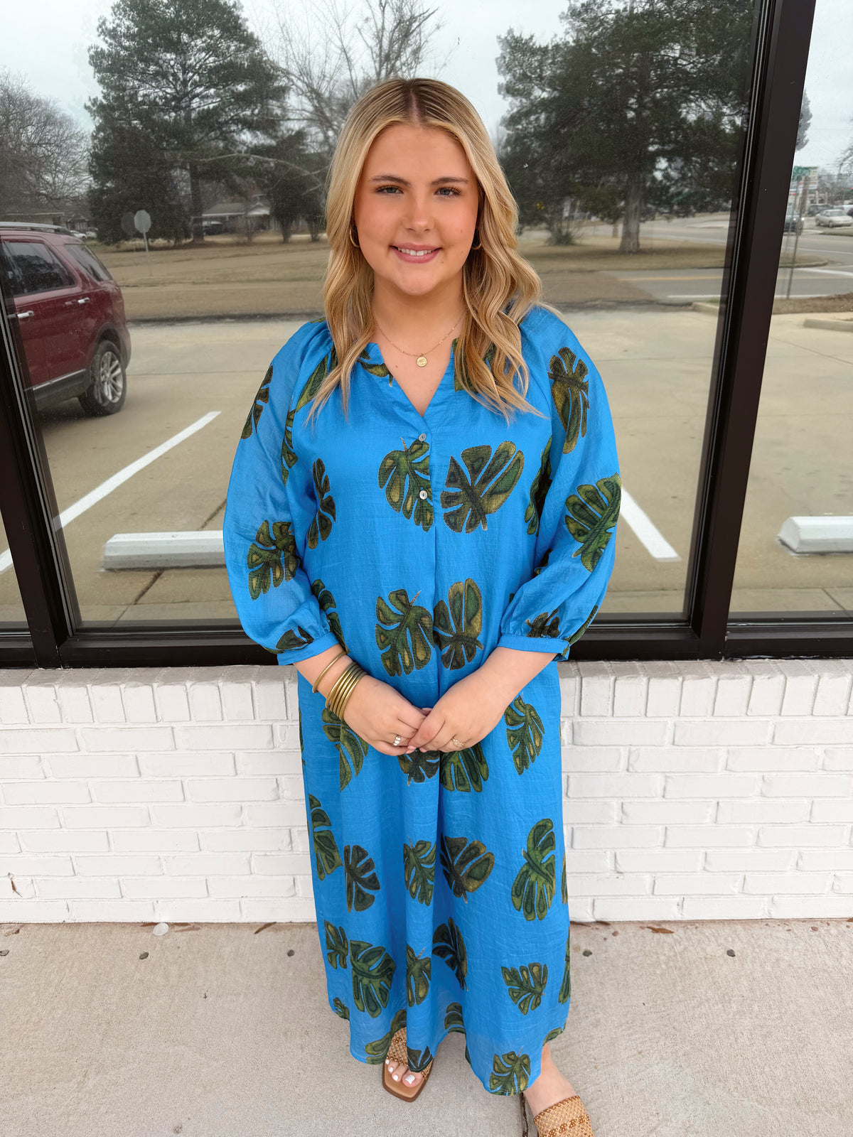 Leaf print long sleeve maxi dress