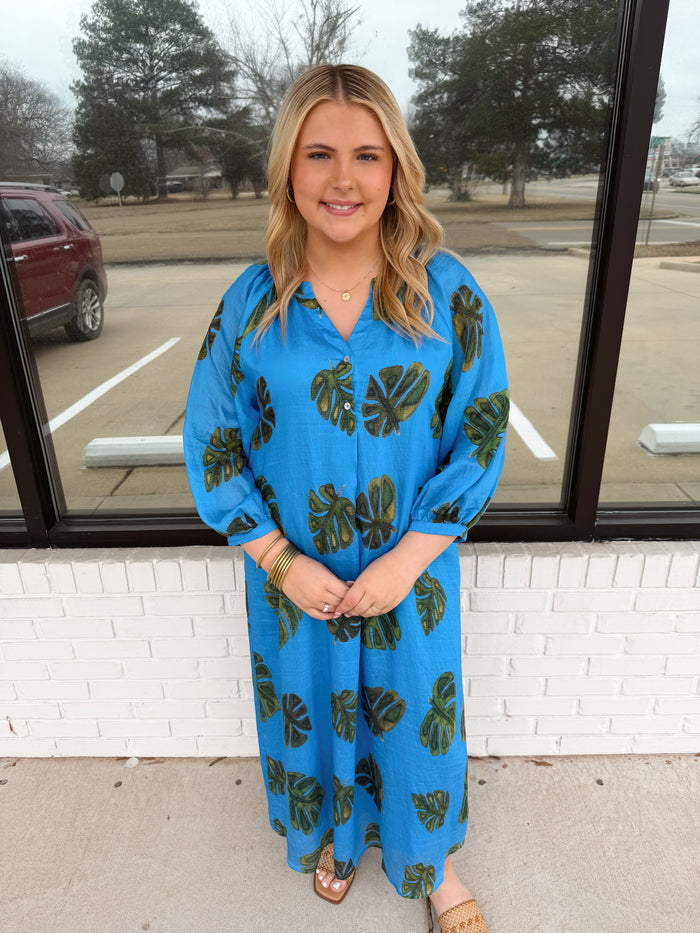 Leaf print long sleeve maxi dress
