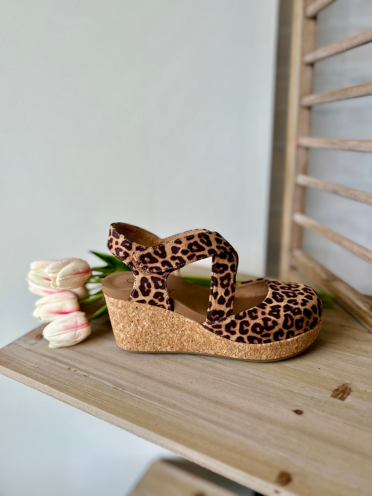 Corkys Whats The Rush Criss Cross Wedge Closed Toe Shoe Leopard