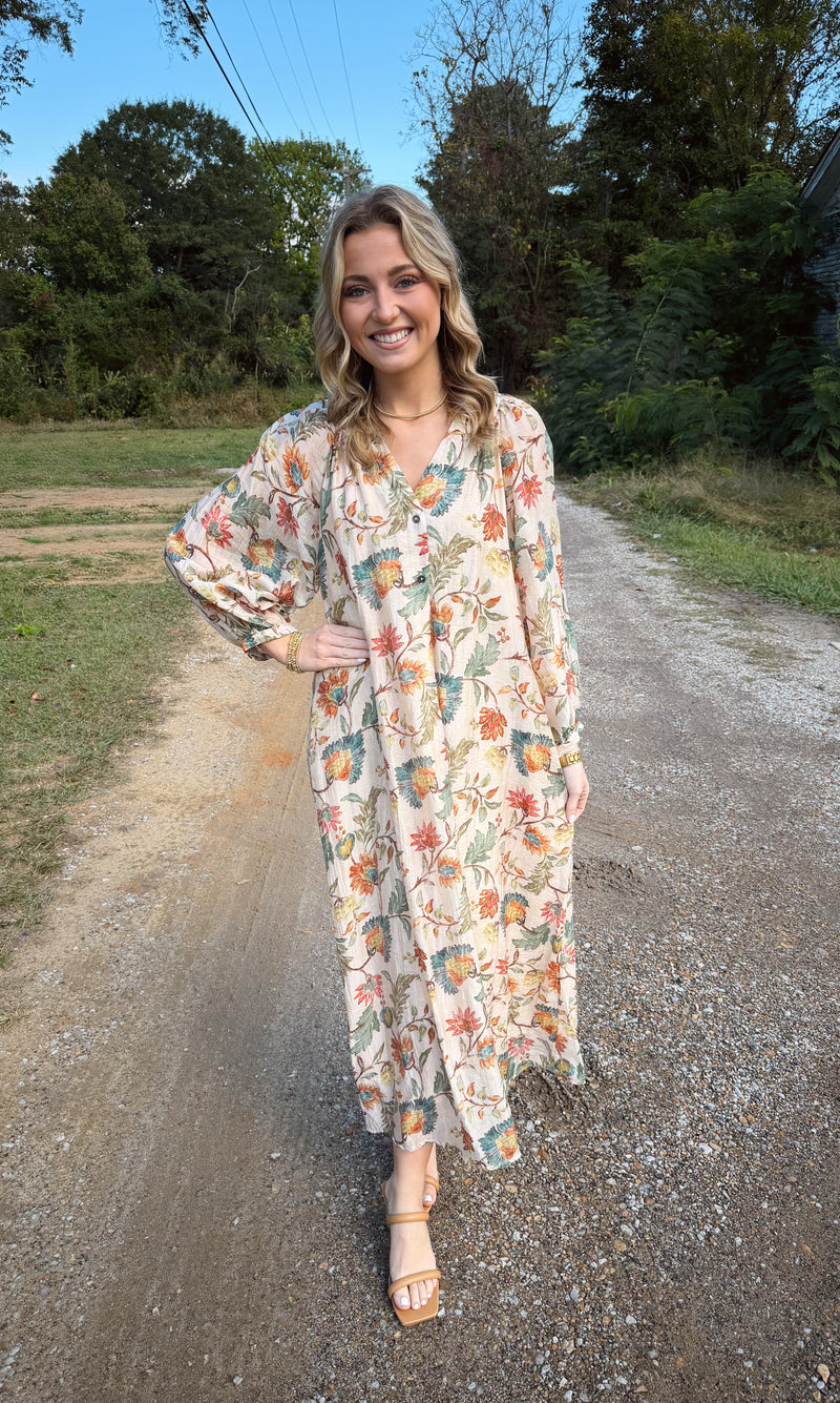 Botanical print long sleeve midi dress