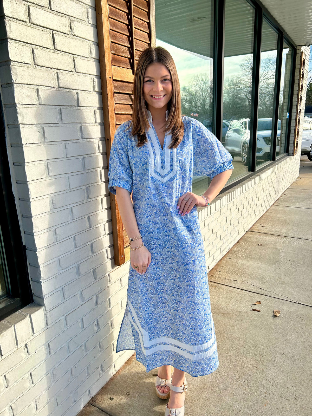 Botanical print short puff sleeve midi dress