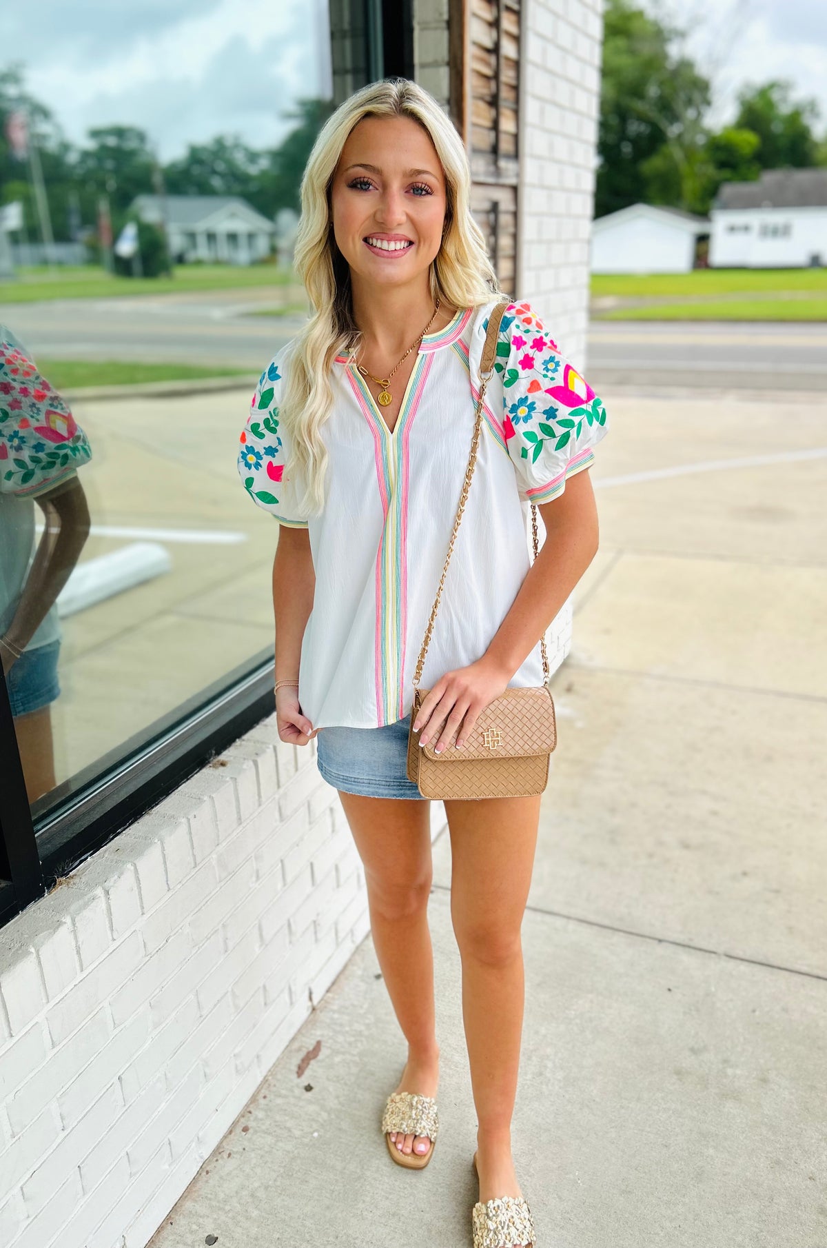 Notched V Neck Embroidered Top